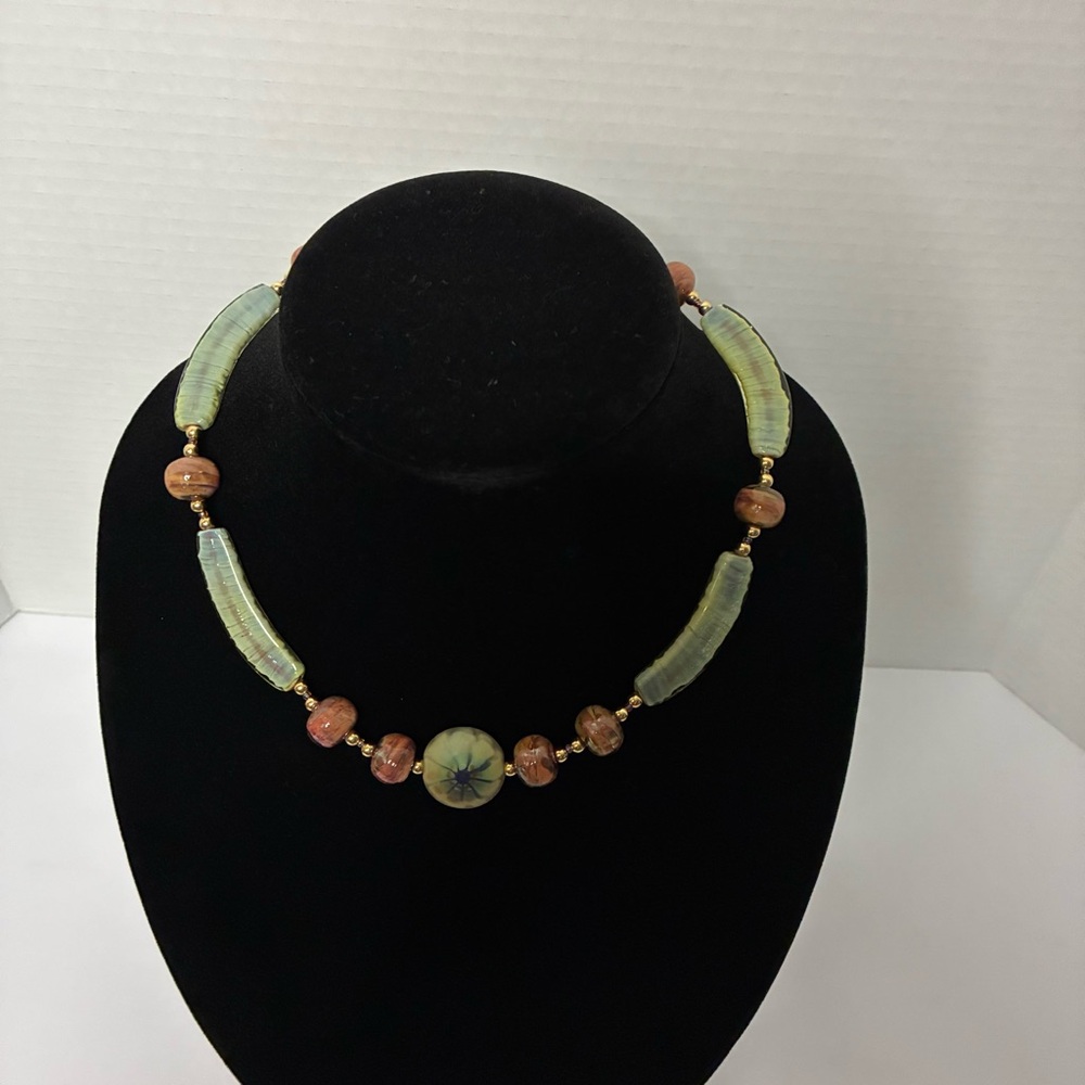Handcrafted Artisan Glass Bead Necklace – Green & Amber Tones